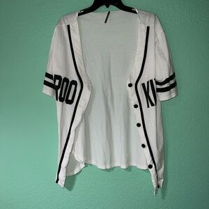 Oversized White Baseball-Style Button Front ‘Brooklyn” Jersey with Black Trim